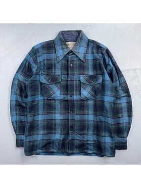 VTG 70s Selkirk Wool CPO Shirt Jacket Blue Green Plaid Rockabilly 1970s